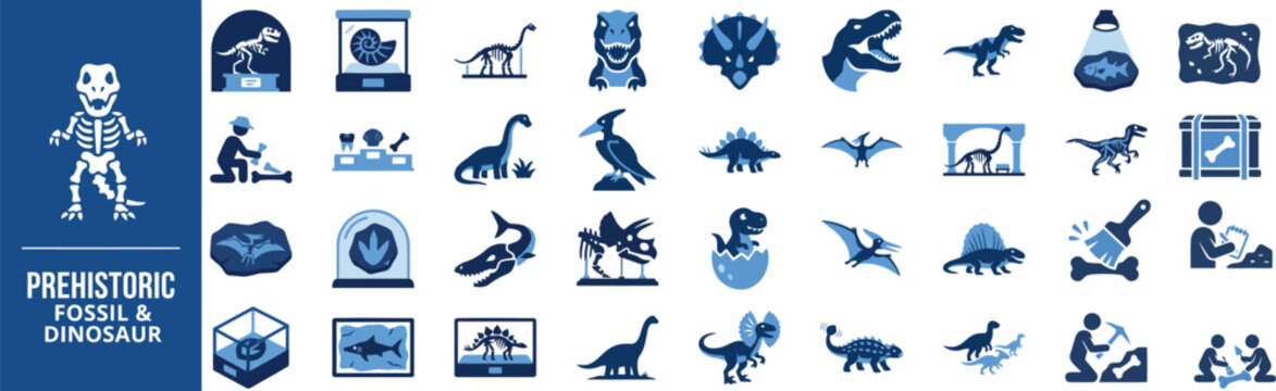 Prehistoric Animal and Fossil flat icon set. Featuring dinosaur, mammoth, skull fossil, saber tooth, and pterodactyl symbols. Editable stroke vector icons for natural history museum and education app.