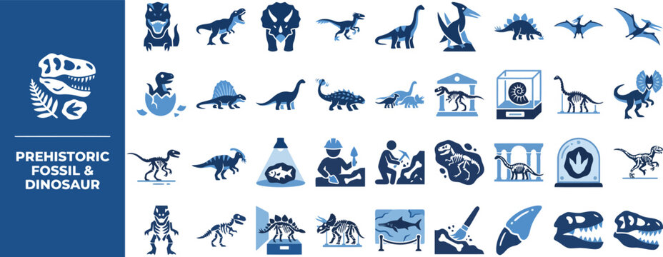 Dinosaur Skeleton and Excavation flat icon set. Featuring fossil dig, bone skeleton, amber gem, footprint, and raptor claw symbols. Editable stroke vector icons for archaeology exhibit.