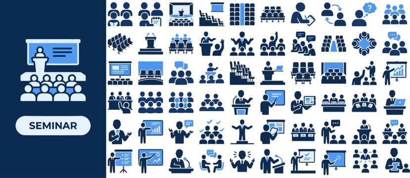 Business Seminar and Conference flat icon set. Featuring speaker stage, audience, presentation screen, microphone, and name badge symbols. Editable stroke vector icons for corporate event.