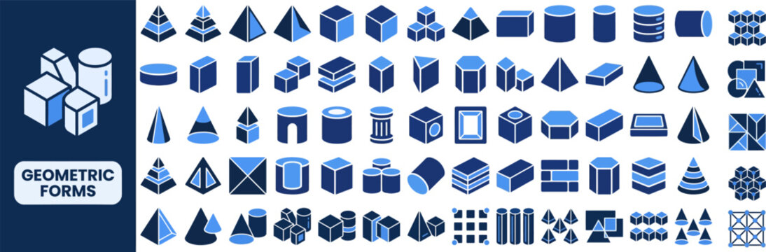 Geometric Shape and 3D Form flat icon set. Featuring cube, sphere, pyramid, cylinder, and polygon symbols. Editable stroke vector icons for graphic design and abstract art project.
