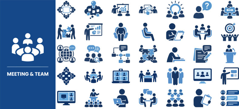 Team Meeting and Group Collaboration flat icon set. Featuring round table, team huddle, shared idea, video conference, and agenda board symbols. Editable stroke vector icons for team workspace.
