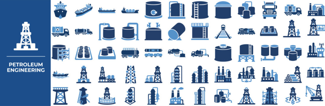 Petroleum Engineering and Refinery flat icon set. Featuring oil derrick, drill rig, refinery, pipeline valve, and fuel pump symbols. Editable stroke vector icons for oil industry.