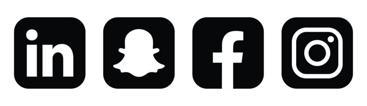 Social network logos facebook, instagram, linkedin, snapchat social media logo icon set black white square vector illustration eps file.