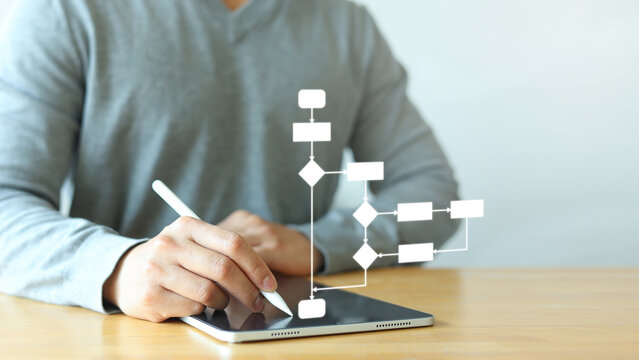 close up manager executive man write on virtual workflow to create solution and decide about solving problem with logic strategy for improve and analyse business concept