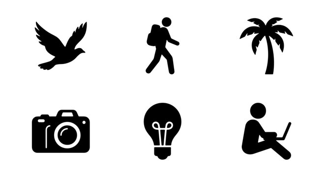 Minimalist Icons: Bird, Traveler, Palm Tree, Camera, Lightbulb, Laptop User