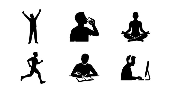 Diverse Human Activities Icons: Fitness, Meditation, Work, Study, Refreshment, Success