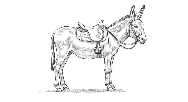 A donkey stands still wearing a saddle and bridle outdoors