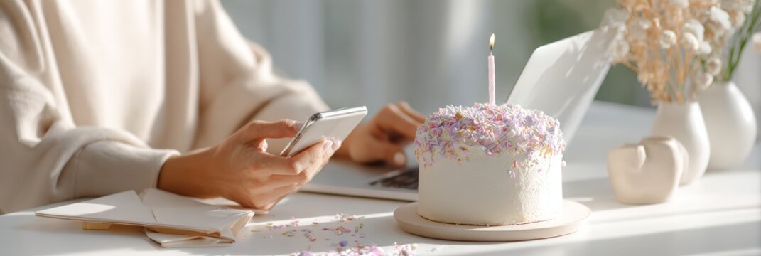 Solo micro celebration with small cake and lit candle at a home office desk after finishing work for background and banner use