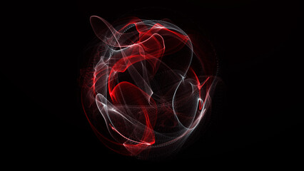 Fototapeta premium Red and white glowing energy orb with smooth flowing digital ribbons on dark background. Abstract futuristic sphere for cyber visuals, science concepts, technology intros, dramatic VJ screens