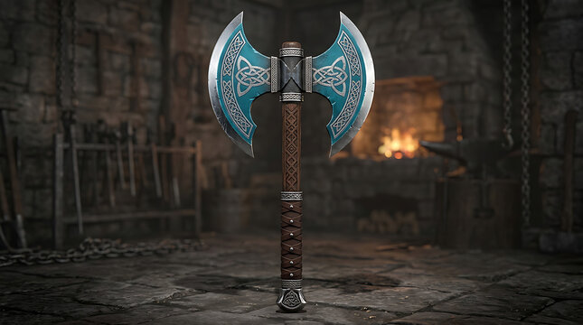 Ornate double-headed fantasy battle axe with intricate engravings and blue accents standing in a medieval blacksmith forge medieval engraving blacksmith decoration mythical metallic weaponry