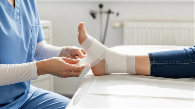 Doctor Bandaging Ankle Foot Injury Clinic