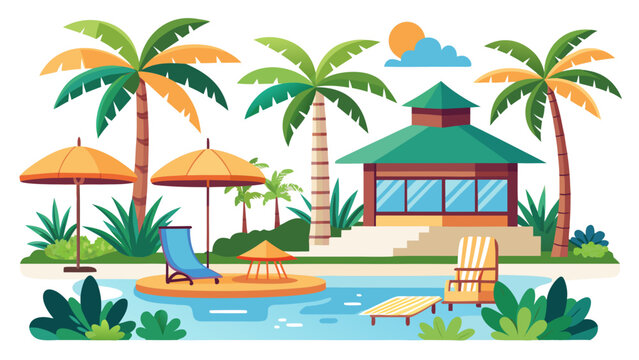 Tropical resort landscape elements set featuring swimming pools gazebos palm trees and lounge chairs for backyard design vector illustration .icon