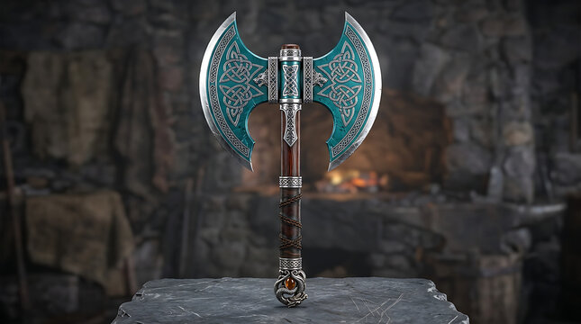 Decorative medieval double-bladed battle axe with intricate patterns and blue details resting on a stone table in a forge medieval blacksmith engraving historical craftsmanship workshop