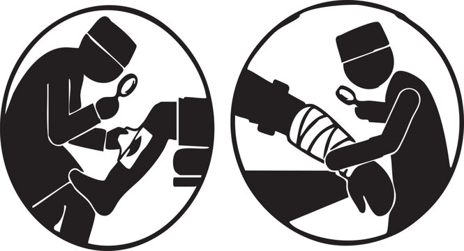 Doctor Inspecting Healing Wound on Patient Hand Arm with Magnifying Glass Silhouette Icon