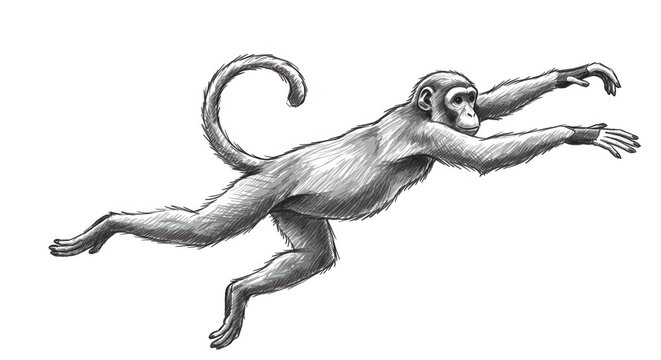 A monkey is jumping through the air with its arms outstretched and tail curled.