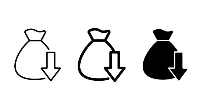 Money Bag Icons: Downward Arrow, Financial Loss, Cost Reduction, Budget Decrease, Vector Set