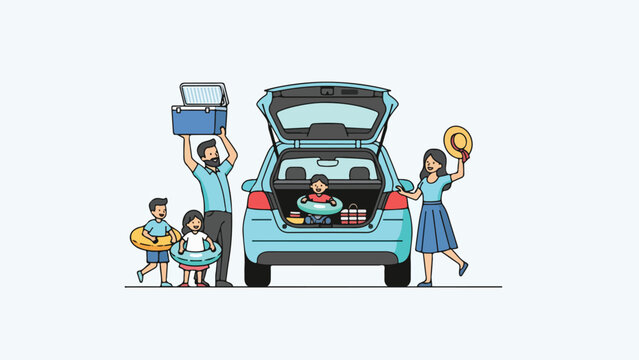Family packing car for road trip vacation travel