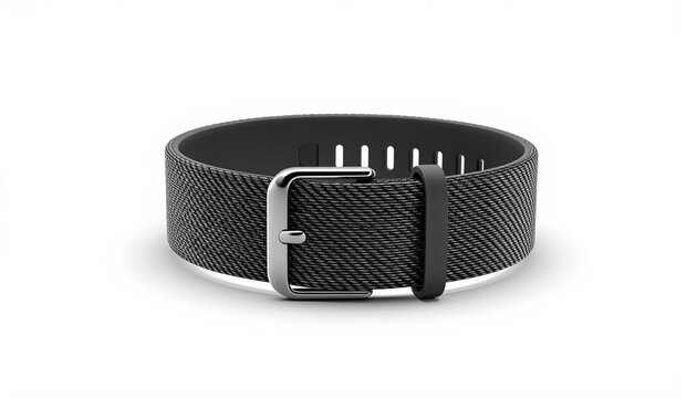 sleek black watch band with silver buckle on white background