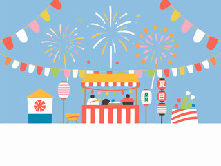 Fototapeta premium Japanese summer festival illustration with fireworks, food stalls and people wearing yukata kimono. Vector background.