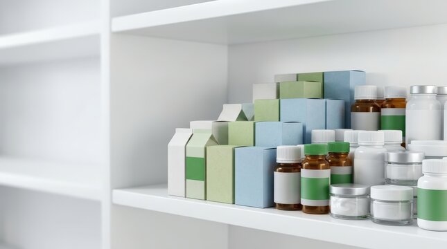 Assorted generic medicine packaging neatly arranged on pharmacy shelf
