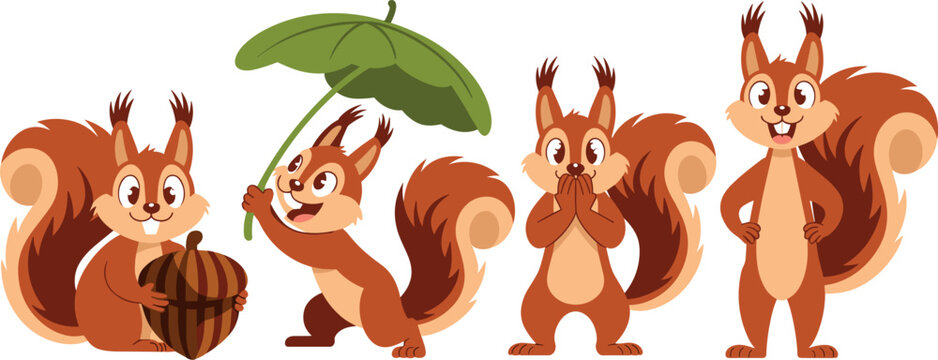 Cute cartoon squirrels collection with acorn and leaf umbrella vector flat forest wildlife illustration set