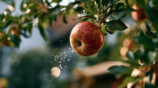 Photorealistic apple falling from a tree in slow motion with gravity in a lush garden background under soft daylight