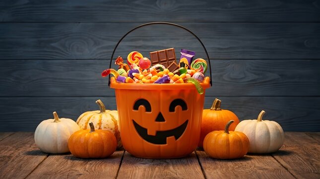 Halloween candy bucket filled with treats surrounded by pumpkins on a wooden table for spooky seasonal fun