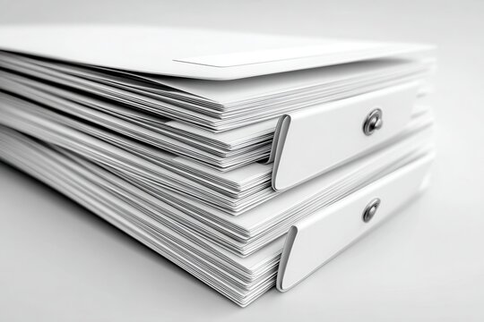 Stack of white binders with papers in office