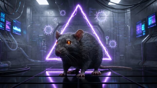 A futuristic dark rat standing in front of a glowing purple neon triangle light in a high tech digital laboratory room