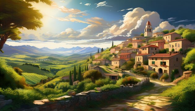 a scenic hilltop village bathed in bright sunlight under a dynamic sky lush greenery frames the ancient structures