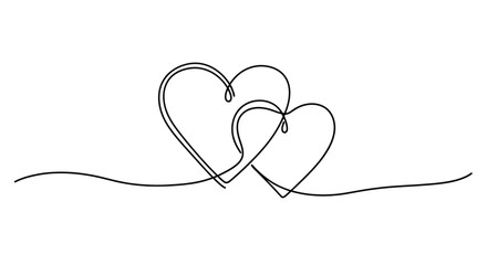 Fototapeta premium Continuous line drawing of two interconnected hearts on a simple line with line art, single line