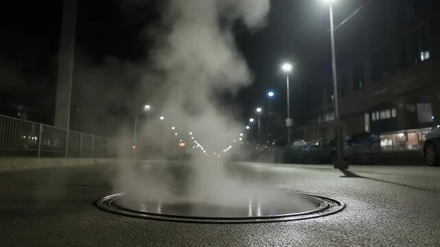 Steam billowing from an urban manhole at night