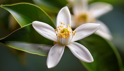 Fototapeta premium close up macro of a blooming citrus blossom showing white petals yellow center and green leaves in soft focus