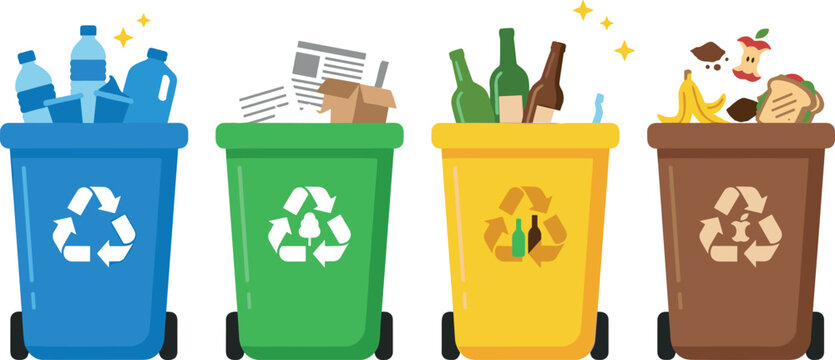 Recycling Bin Vector Collection Featuring Plastic, Paper, Glass, and Organic Waste Segregation for Environmental Awareness and Sustainability Projects