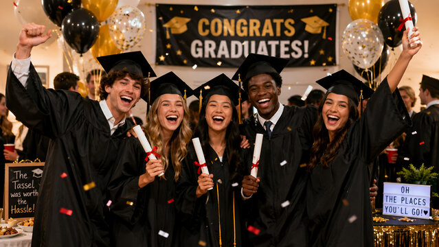 Diverse Group of University Graduates Celebrating Graduation Party with Diplomas Balloons and Confetti Indoors