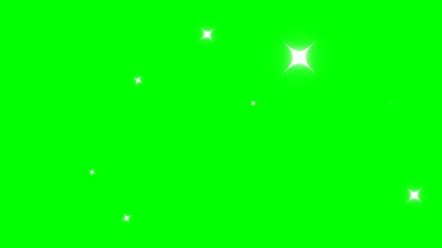 Twinkling stars animation. fast line glitter motion, white cartoon blinking stars, flat vector doodle sparkle, glowing light trails, 2D shining twinkle effect on green screen background.