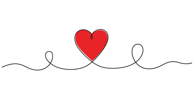 Single line drawing of a red heart with abstract swirls continuous line illustration artistic