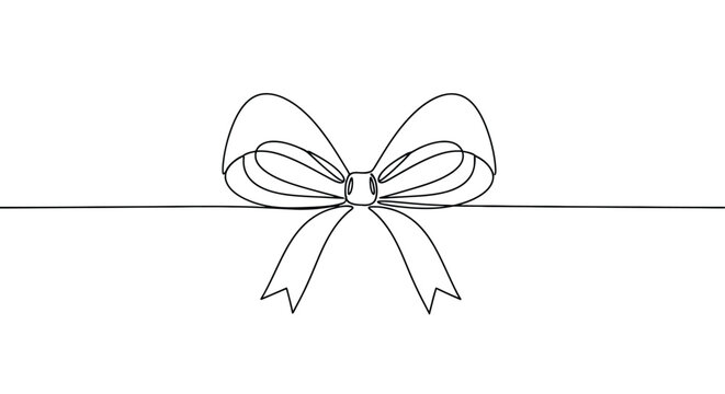 Continuous line drawing of a decorative bow tied on a horizontal string with black and white