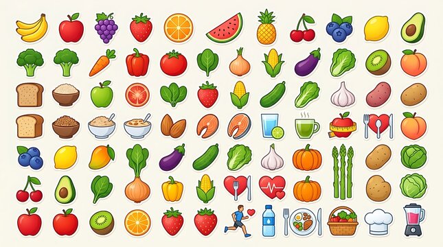 Healthy Food and Lifestyle Sticker Set with Fruits and Vegetables