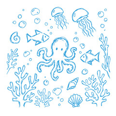 Fototapeta premium Blue hand drawn sea life doodles with octopus jellyfish fish and coral vector illustration set for nautical design and marine education