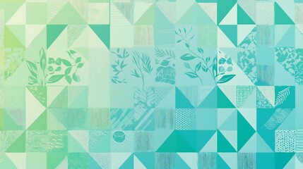 Abstract geometric pattern with green and teal triangles and squares featuring delicate leaf motifs and textured backgrounds