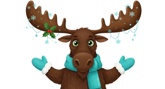 A cartoon moose wearing winter clothing and decorations on its antlers
