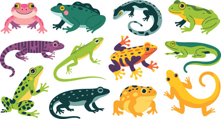 Naklejka premium Cute colorful frogs toads and lizards amphibians collection vector cartoon flat illustration icons bundle set