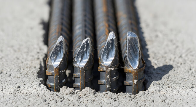 reinforcing steel rebar with deformed heads embedded in concrete close up view