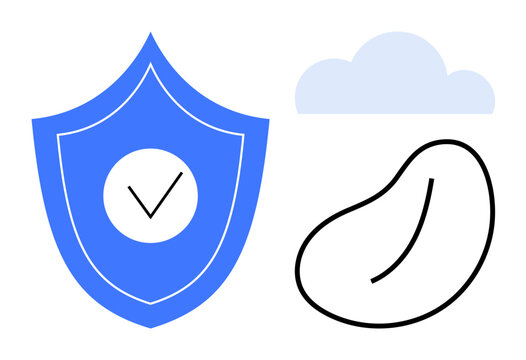 Data protection, cloud storage, cybersecurity, secure design, abstract concepts, modern technology. A shield with a checkmark, cloud silhouette and bean-shaped abstract icon. Data protection