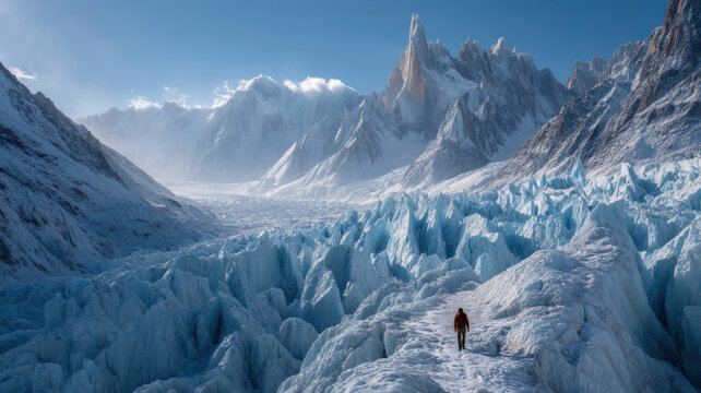 Winter season adventure exploration. A person in a red jacket walking across a snowcovered glacier, surrounded by majestic mountains and a clear blue sky.