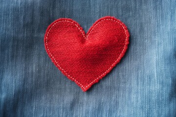 Obraz premium Red knitted heart patch stitched with white thread on blue denim fabric
