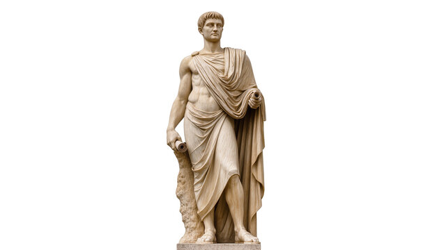 Marble statue of Augustus wearing toga, isolated on transparent background