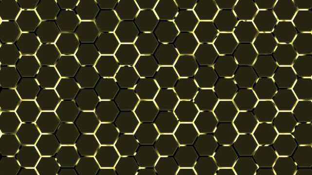Hexagonal tiles with glossy highlights and shadowed edges, Dark hexagonal honeycomb pattern background animation