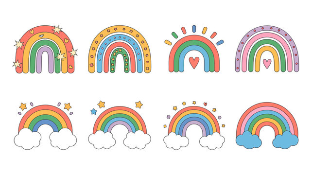 collection of colorful cartoon rainbows with stars hearts and clouds on a white background